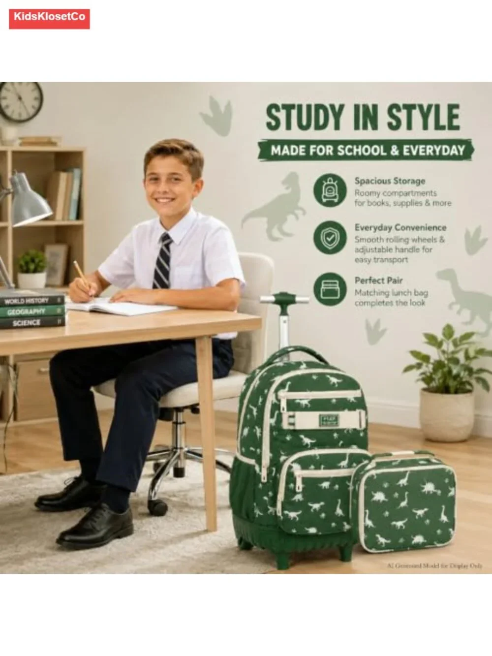 3-Piece Rolling Backpack Boys Kids with Wheels 19 Inch Dinosaur Travel Bookbag